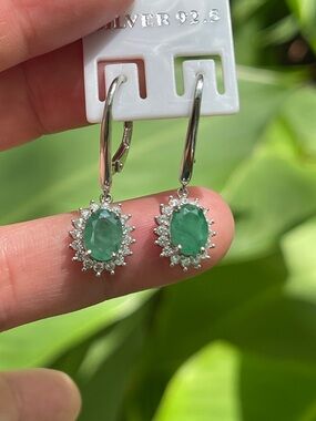 Natural Zambian Emerald Halo Drop Leverback Earrings CZ accent 925 Silver